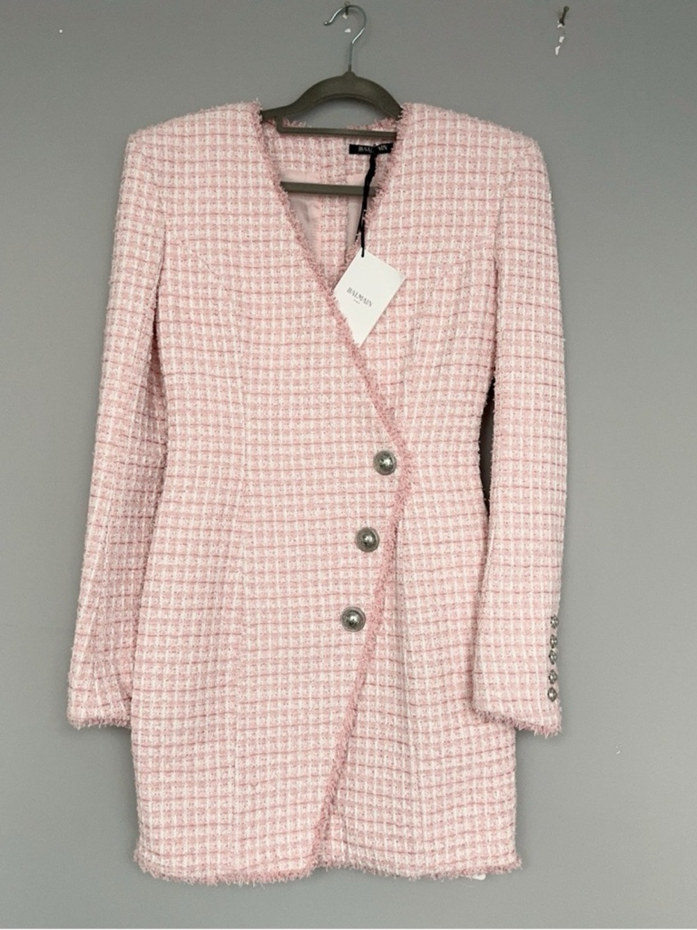 Balmain Pink Tweed Long Sleeve Dress Blazer36